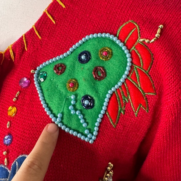 Victoria Harbour Christmas Beaded Sweater Cardigan Red Large Ramie Cotton - Picture 3 of 6